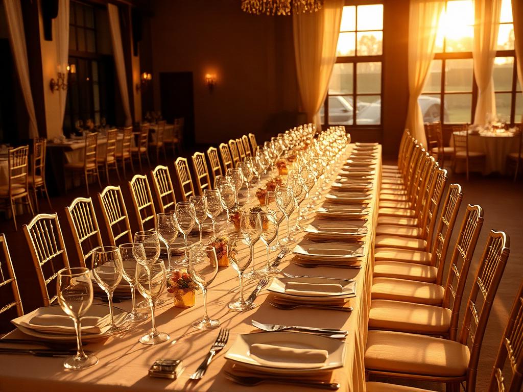 Set banquet table with glassware and linens