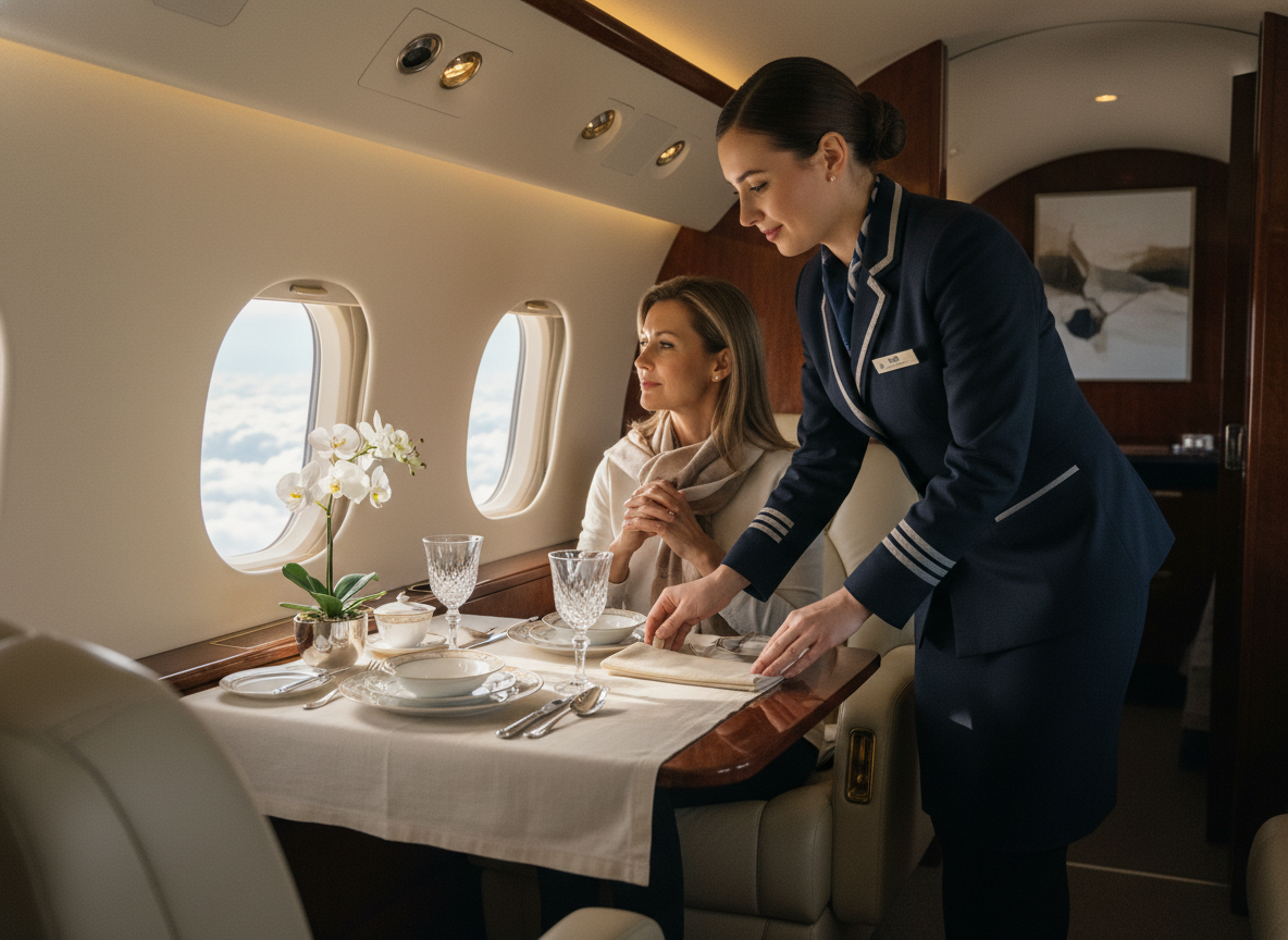 Flight attendant serving a plated meal in a private jet cabin